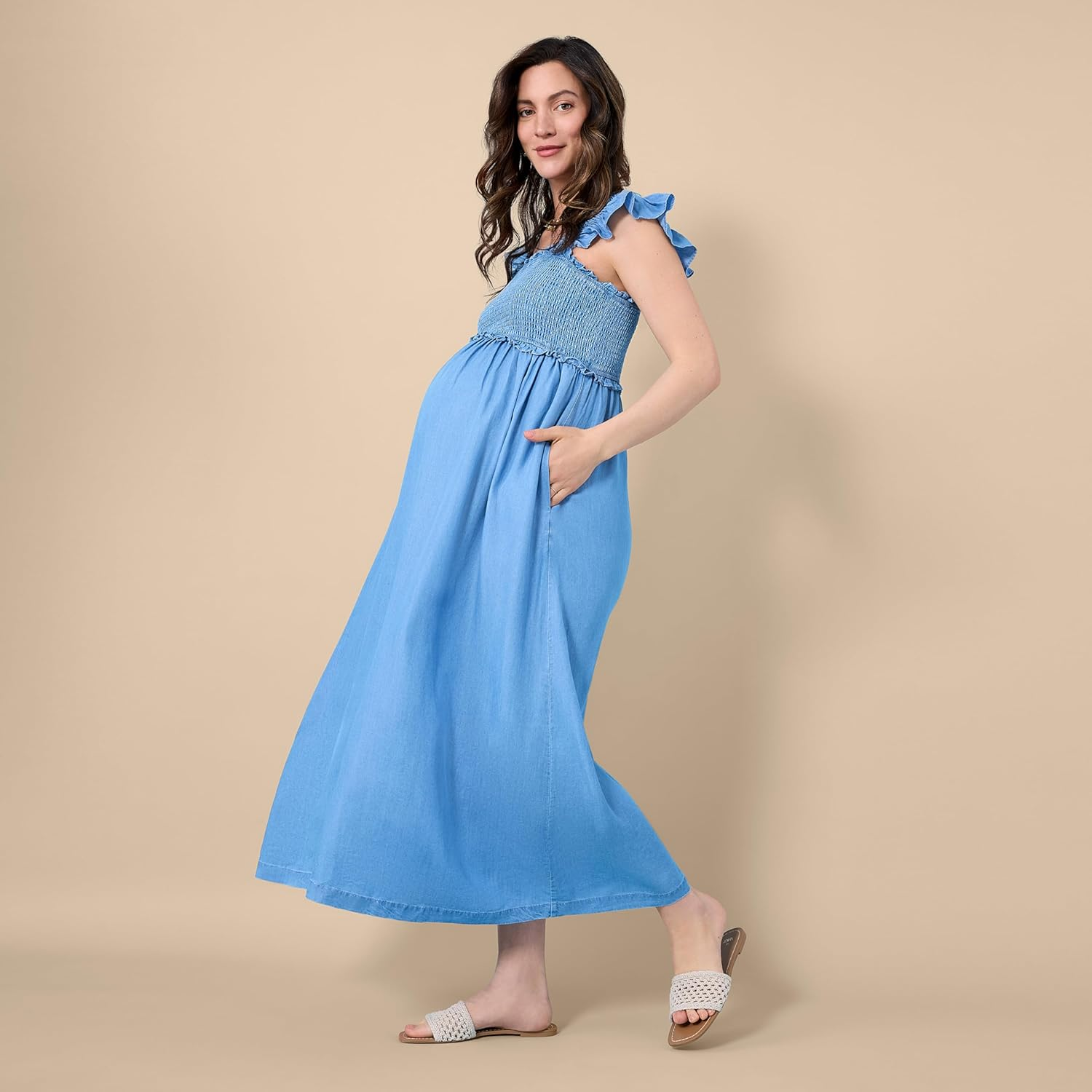Motherhood Maternity Women'S Sleeveless Ruffle Shoulder Smocked Maxi Pregnancy Dress image number 4
