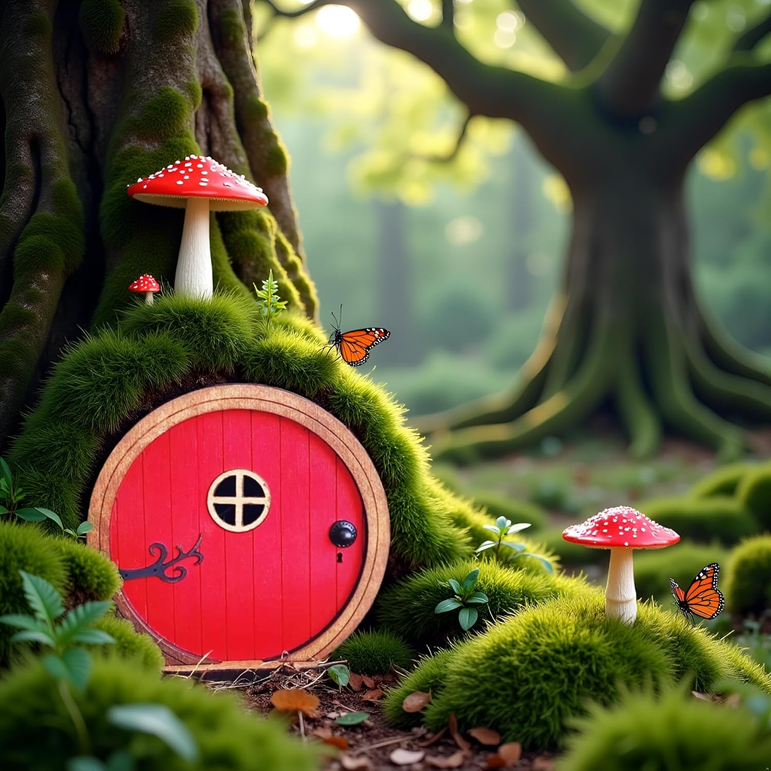 Red Fairy Garden Door for Tree, Fairy Doors for Trees Outdoor & Tree Trunk, Mini Fairy Garden Sculpture Lawn Ornament Decor, Fairytale Tiny House Doors Mini Gift, Fairytales Door Decoration