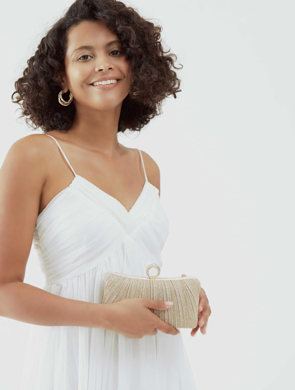 Womens Golden Glitter Clutch Purse Pleated Evening Bag for Bridal Wedding Party with Rhinestone Ring - Gold image number 6