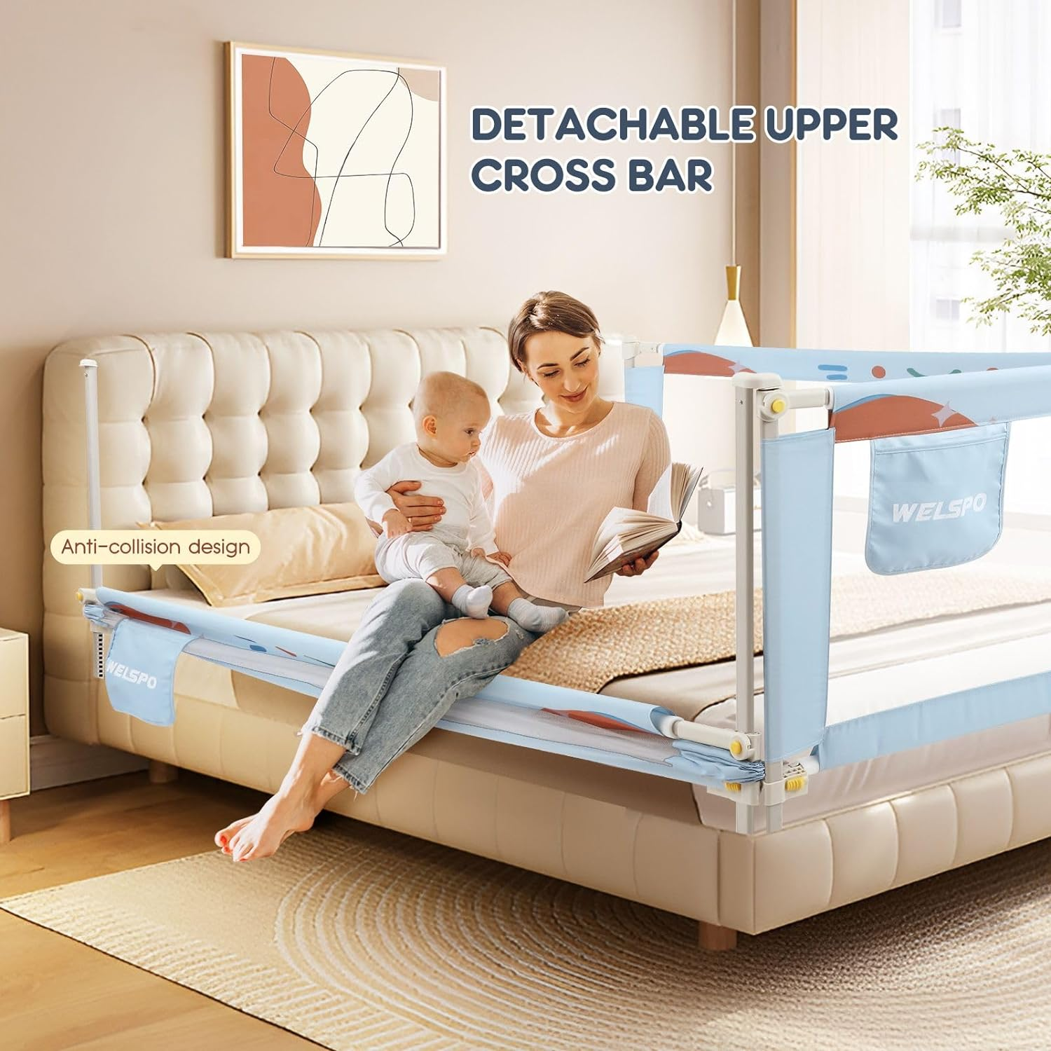 KIDBOT 3Pcs Kids Bed Rail Guard Queen Size,Baby Toddler Side Safety Guard Barrier,Adjustable Child Cot Fence Baby Fall Protection Fabric Double Lock Smurfs,150X100Cm*1Pcs & 200X100Cm*2Pcs