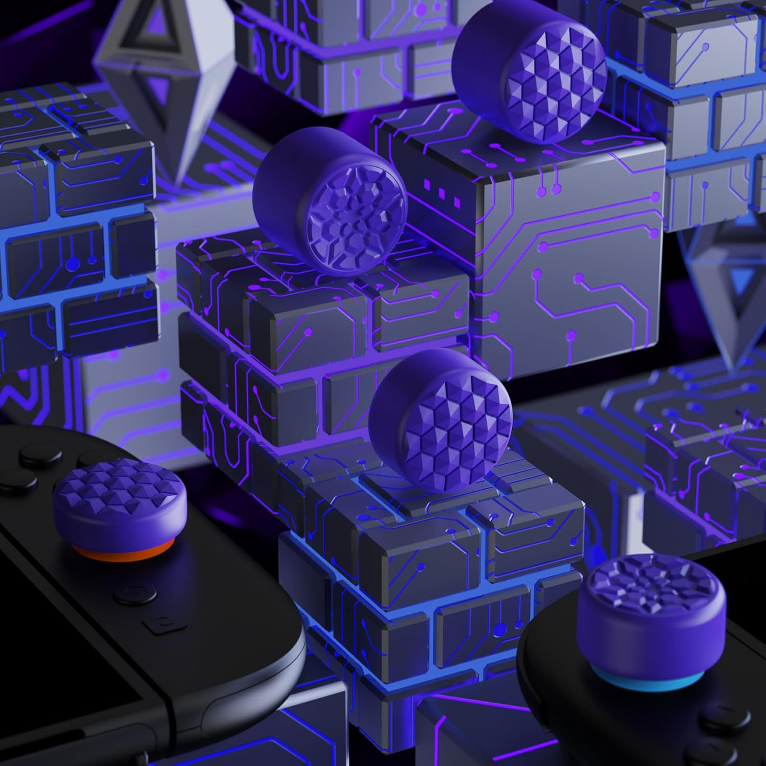 Playvital Quantum Pro Ergonomic Thumbstick Grips for Nintendo Switch 2, Joystick Caps Thumb Grip for Joycon 2 - with 3 Height Convex and Concave - Diamond Grain & Crack Bomb Design - Purple - Purple image number 2