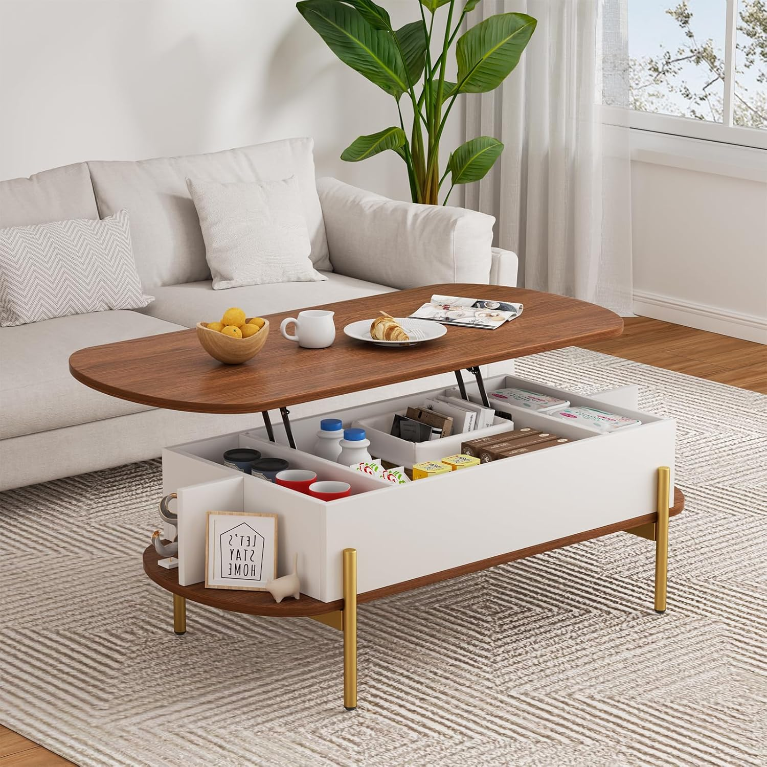 ALLSTAND 48" Oval Lift Top Coffee Table with Storage Metal Legs & Large Hidden Compartment, Coffee Table with Lifting Top with Open Shelf, Lift Coffee Table with Wooden Lift Tabletop for Living Room image number 4