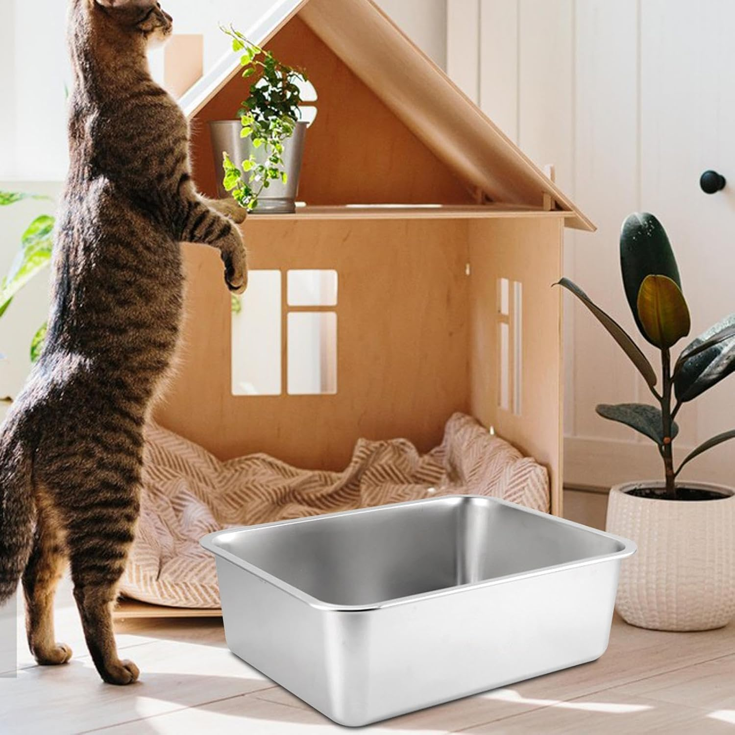 Cat Metal Kitten Litter Pan Kitten Potty Pan Rustproof Smooth Surface Top Open High Sides, 45X35X10Cm image number 3