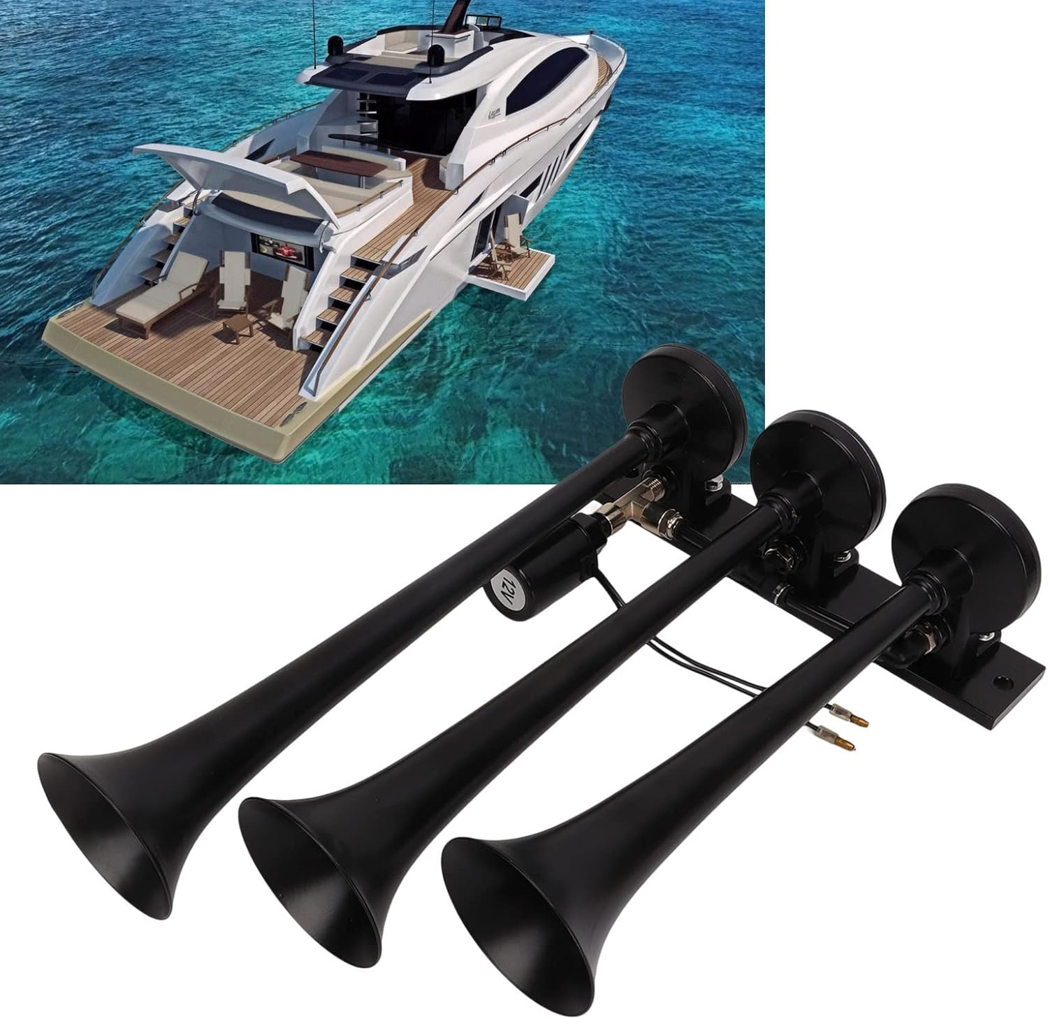 Car Air Horn, 135Db 3 Hole Air Horn DC 12V Loud Sound Trumpet Air Horn for Trucks Vans Boats Yachts Mine Car image number 2