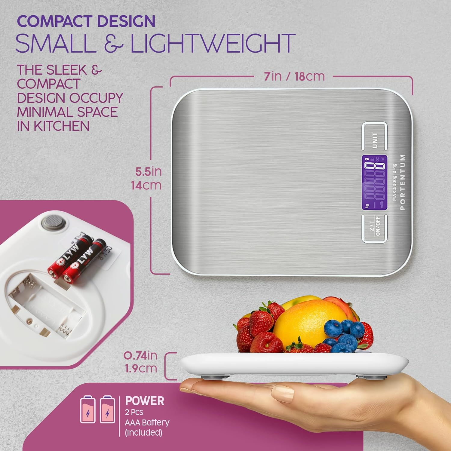 PORTENTUM Digital Kitchen Scales 5 Kg with Large LCD Display, Digital Scale, Letter Scales with Large Stainless Steel Weighing Surface, Liquid Measurement, High Precision up to 1 G, Tare Function, image number 6