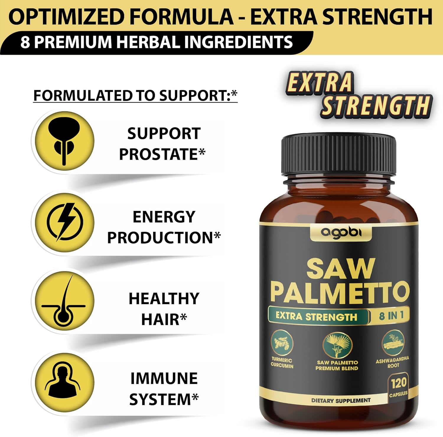 8In1 Saw Palmetto Prostate Support Supplement - Equivalent to 4650Mg - Combined with Ashwagandha, Turmeric Curcumin, Ginger, Nettle Leaf, Holy Basil & More - 120 Vegan Capsules for 2 Months image number 1