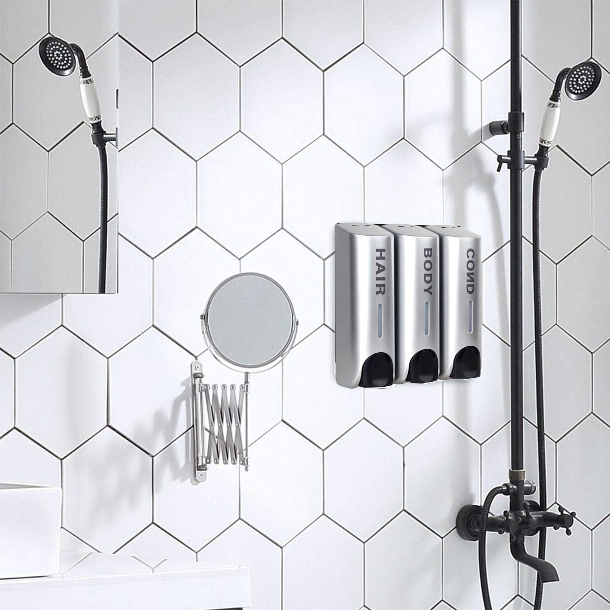 Chamber Soap Dispenser Trio Shower Gel Shampoo Conditioner with 3X350Ml Refillable Bottles ABS Wall Mount Silver - White image number 3