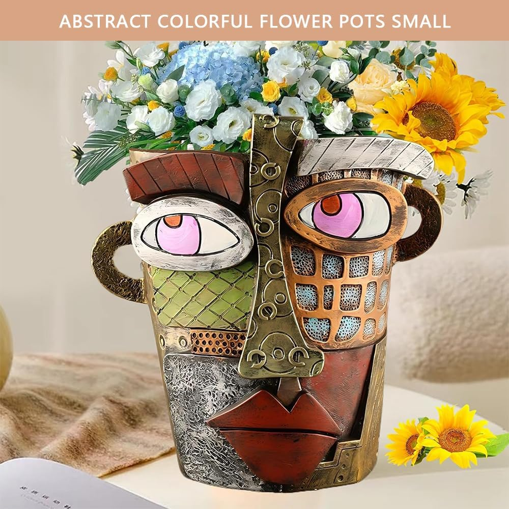 HYAVIA Handmade Abstract Picasso Face Planter &ndash; Brutalist Resin Head Flower Pot, Colorful Art Planter for Indoor and Outdoor Plants, Unique Room Decor (Retro Style)