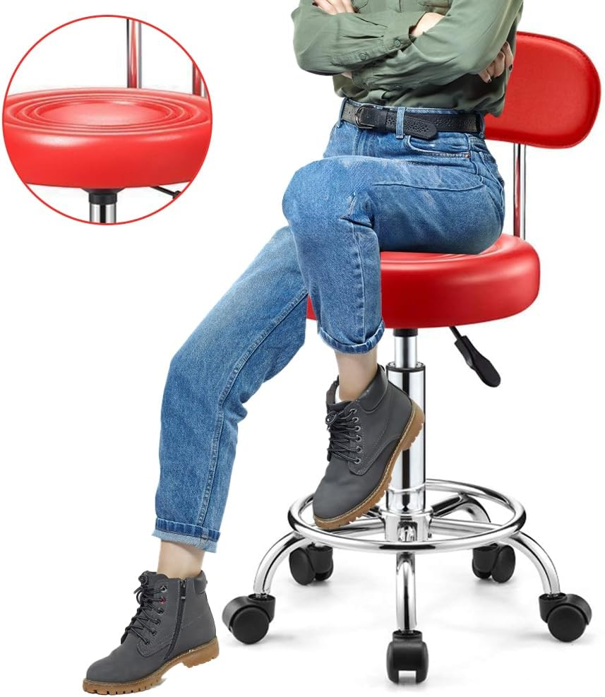 TOMVAES Rolling Stool with Back,Pu Leather Height Adjustable Swivel Task Chair with Footrest for Home Office,Salon,Spa (Red) (Red) - Red image number 5