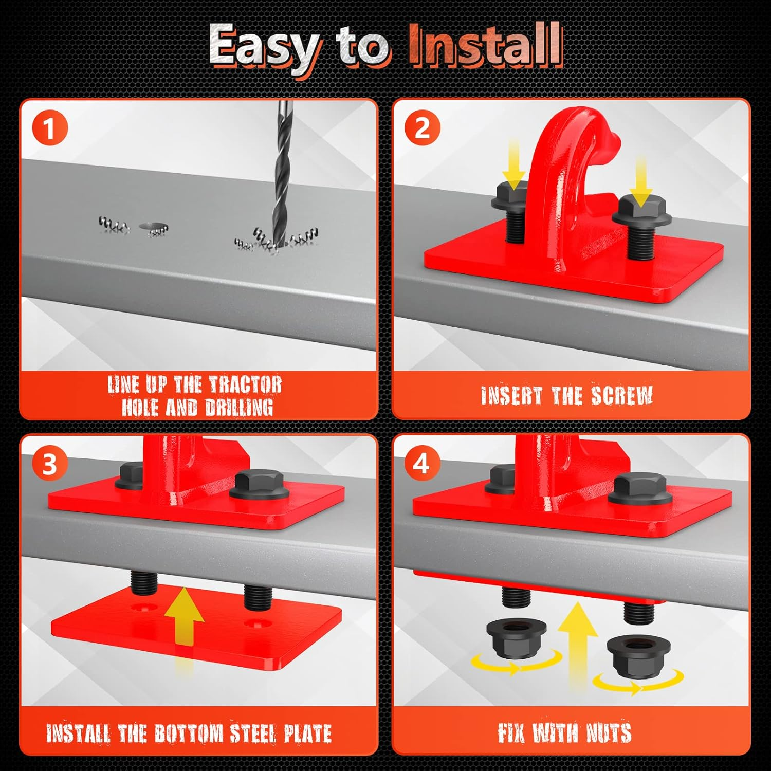 Tractor Bucket Grab Hook Grade 70 Forged Steel Bolt on Grab Hook 3/8" Tow Hook Mount with Backer Plate, Work Well for Tractor Bucket, RV, UTV, Truck, Max 15,000 Lbs, 2 Pack, Red image number 5