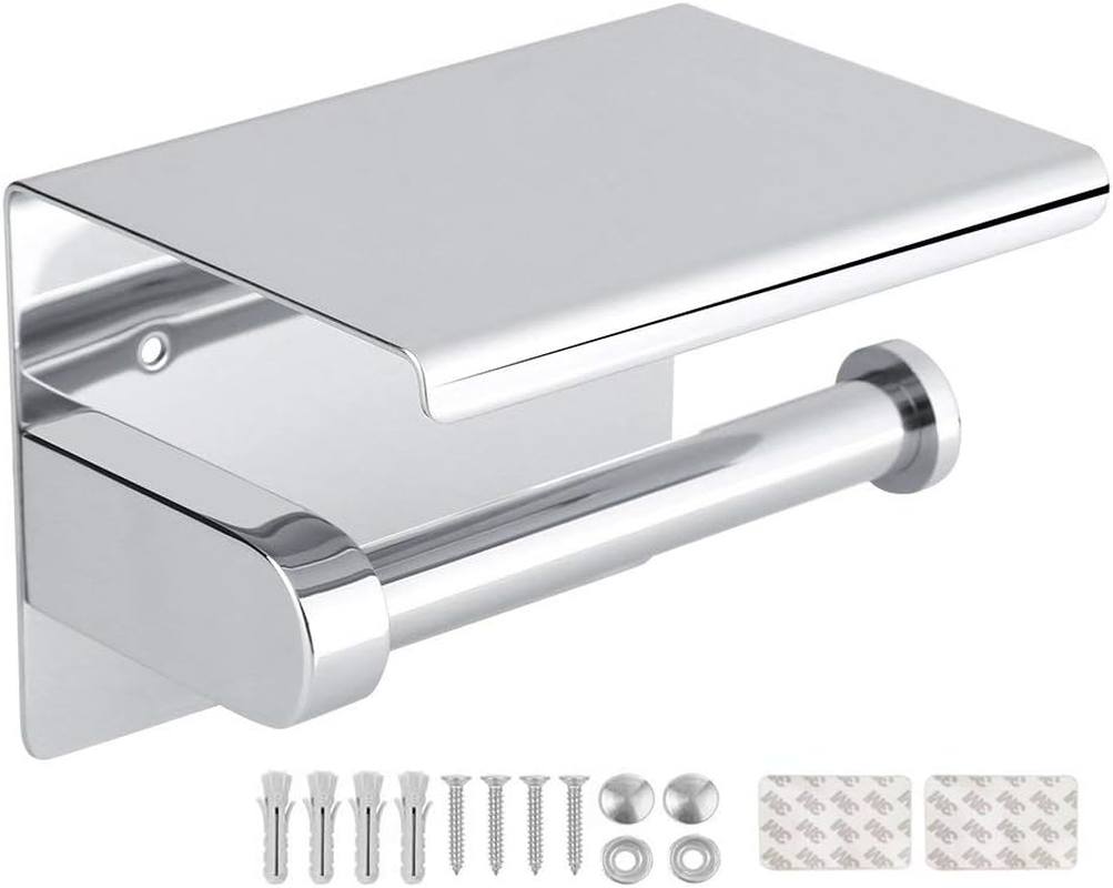 TOWOMO Toilet Paper Roll Holder with Shelf, Two Installation Methods Drill or No Drilling Adhesive Wall Mounted SUS304 Stainless Steel Tissue Dispenser image number 1