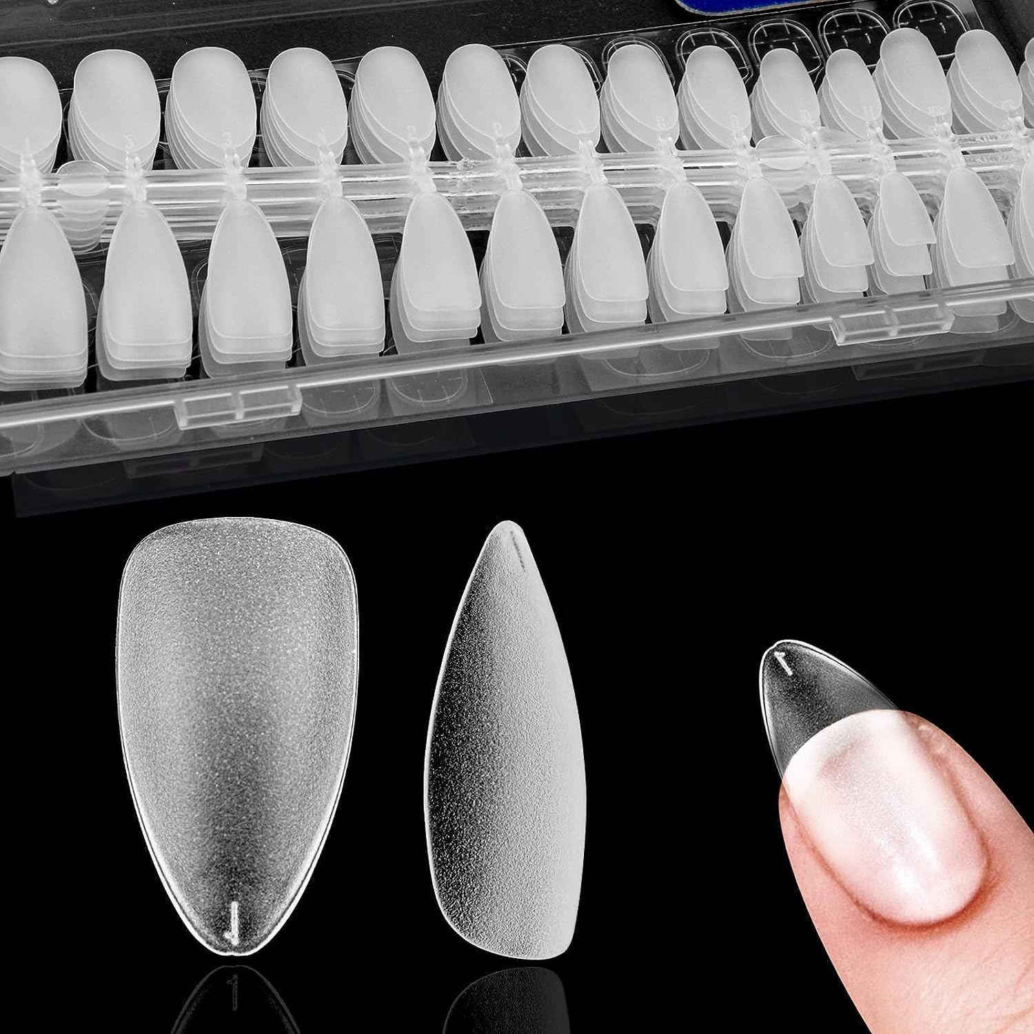 Tonjin 240 PCS Short Almond Matte Frosted Soft Gel Full Cover Nail Tips, 15 Sizes, No Trace, Easy to Apply, DIY Home Salon