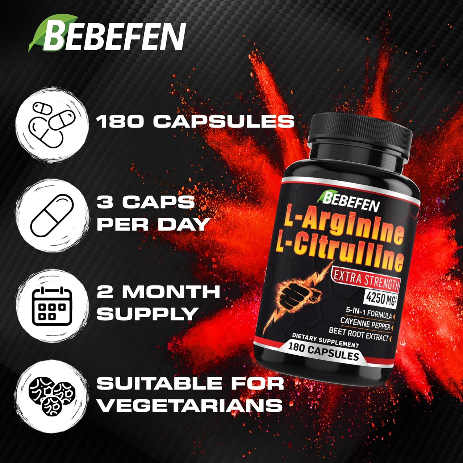 L-Arginine L-Citrulline Supplement 4250Mg with Beet Root - 180 Capsules image number 1