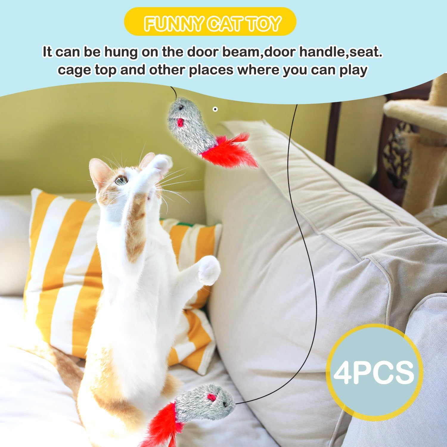 QINLECTRI Pack of 4 Cat Toys Self-Employment Hanging Door Frame Elastic Mouse Interactive Cat Toy Mouse with Feather Tail Interactive Dancer Cat Toy Mice image number 3