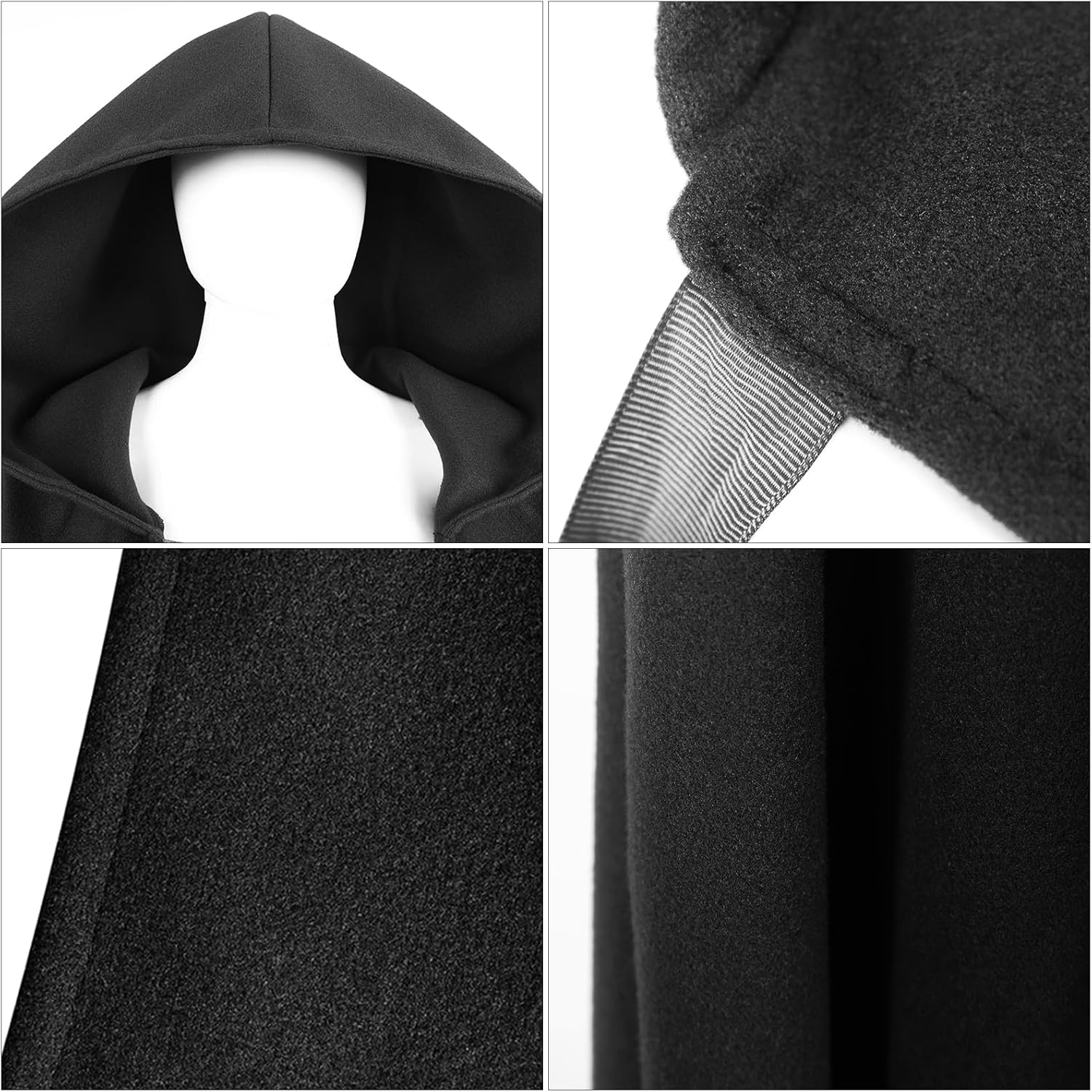 Black Renaissance Hooded Cape Witch Cloak with Hood Medieval Hobbit Halloween Costume image number 6