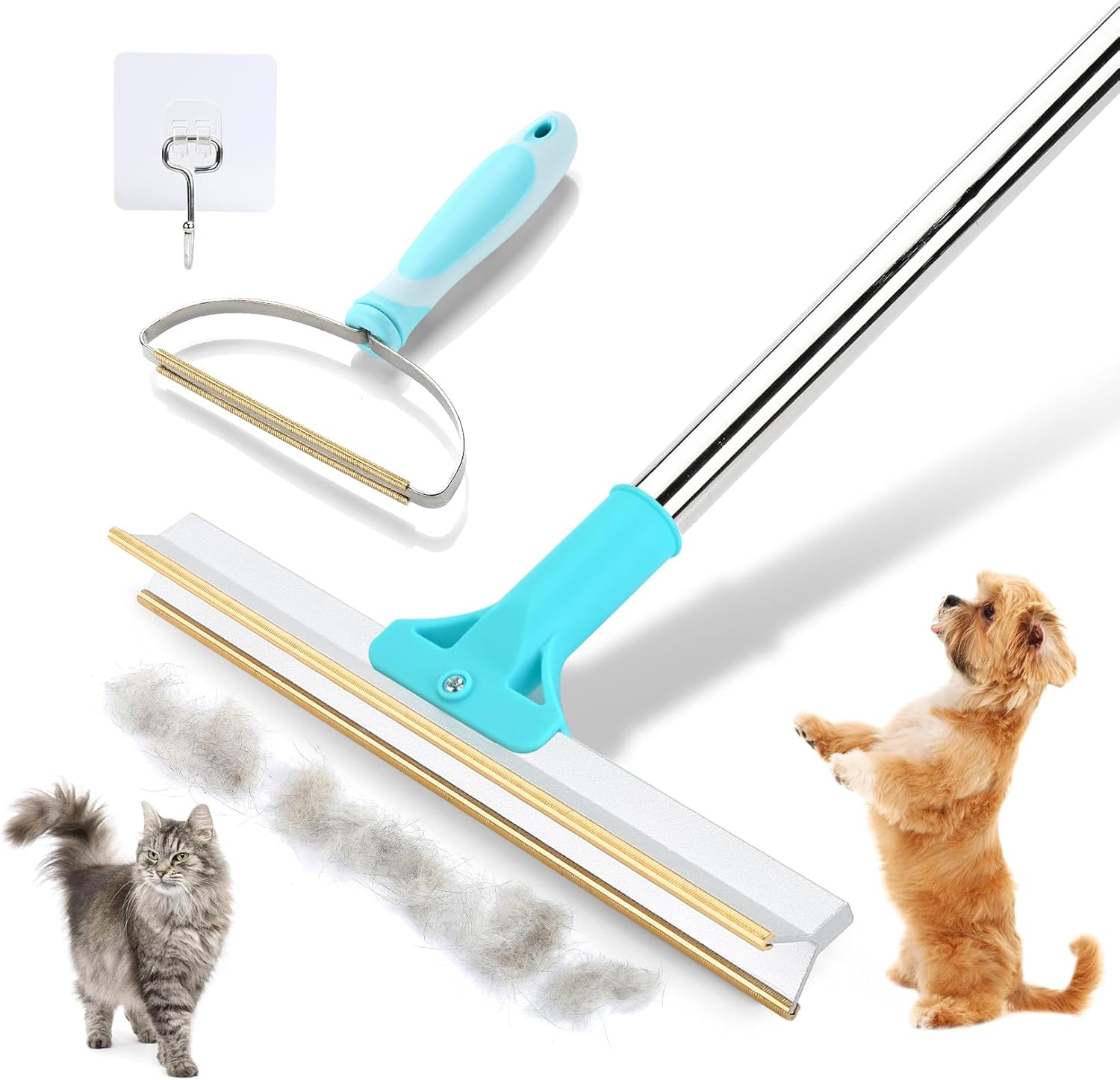 Carpet Rake for Pet Hair Removal, Adjustable Long Handle Lint Remover with Innovative Metal Edge, Dog Cat Fur Remover Brush Broom for Rug, Furniture, Couch, Car Mats, Stairs