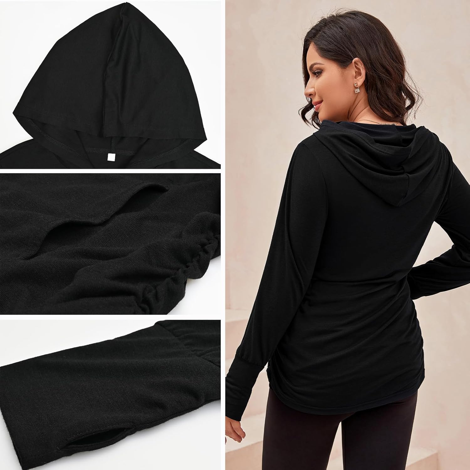 DEBELLY Maternity Sweatshirts Long Sleeve Full Zip Hoodie Casual Pregnancy Women Jacket Top with Pockets,Thumb Hole,Side Ruch image number 7