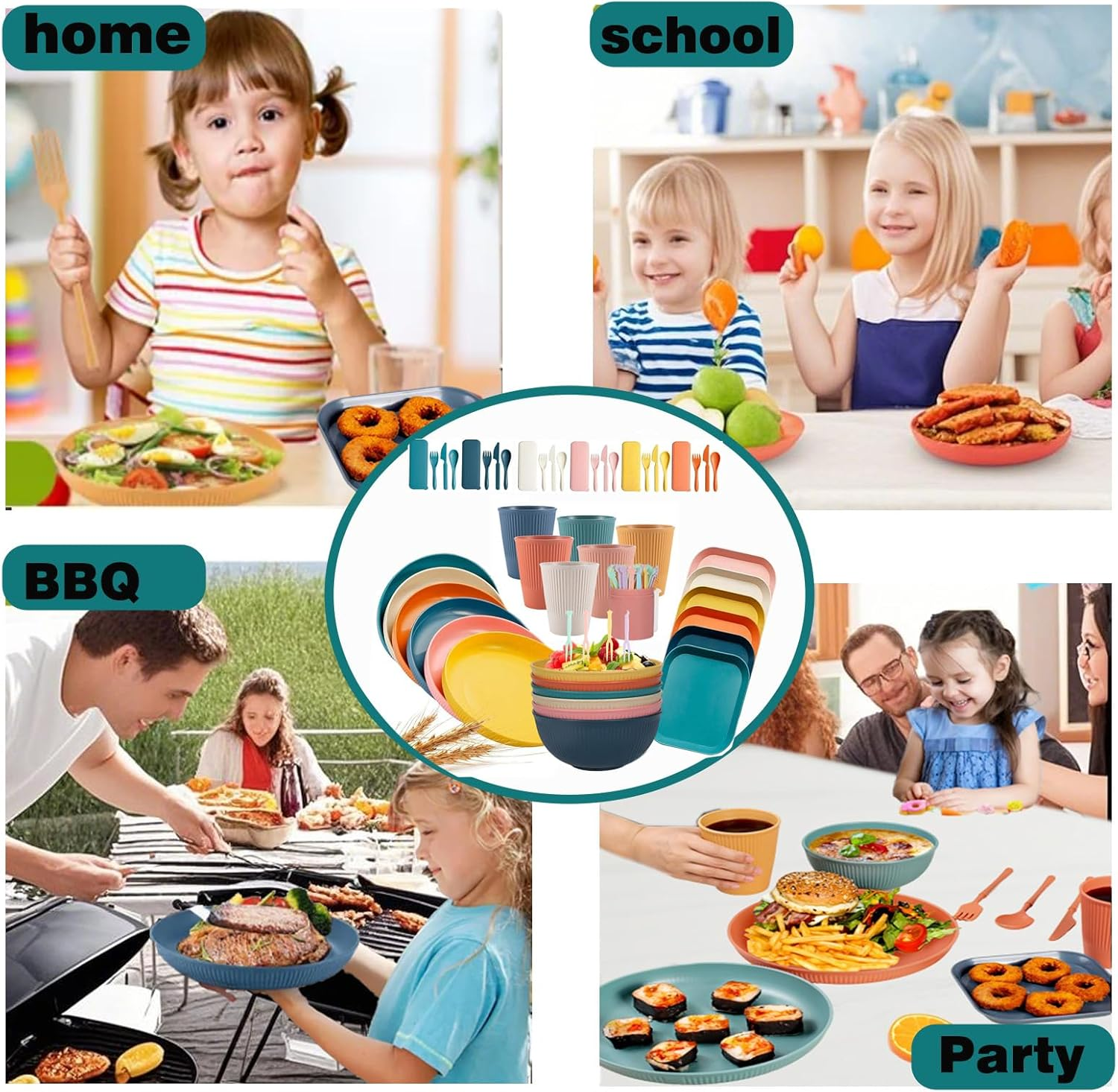 50 Pcs Wheat Straw Dinnerware Sets, Unbreakable Dishes Microwave Safe Dinnerware,Lightweight Reusable Bowls with Plates,Cups,Knives,Forks and Spoons Utensil Set for Camping (A Set of 6) image number 3