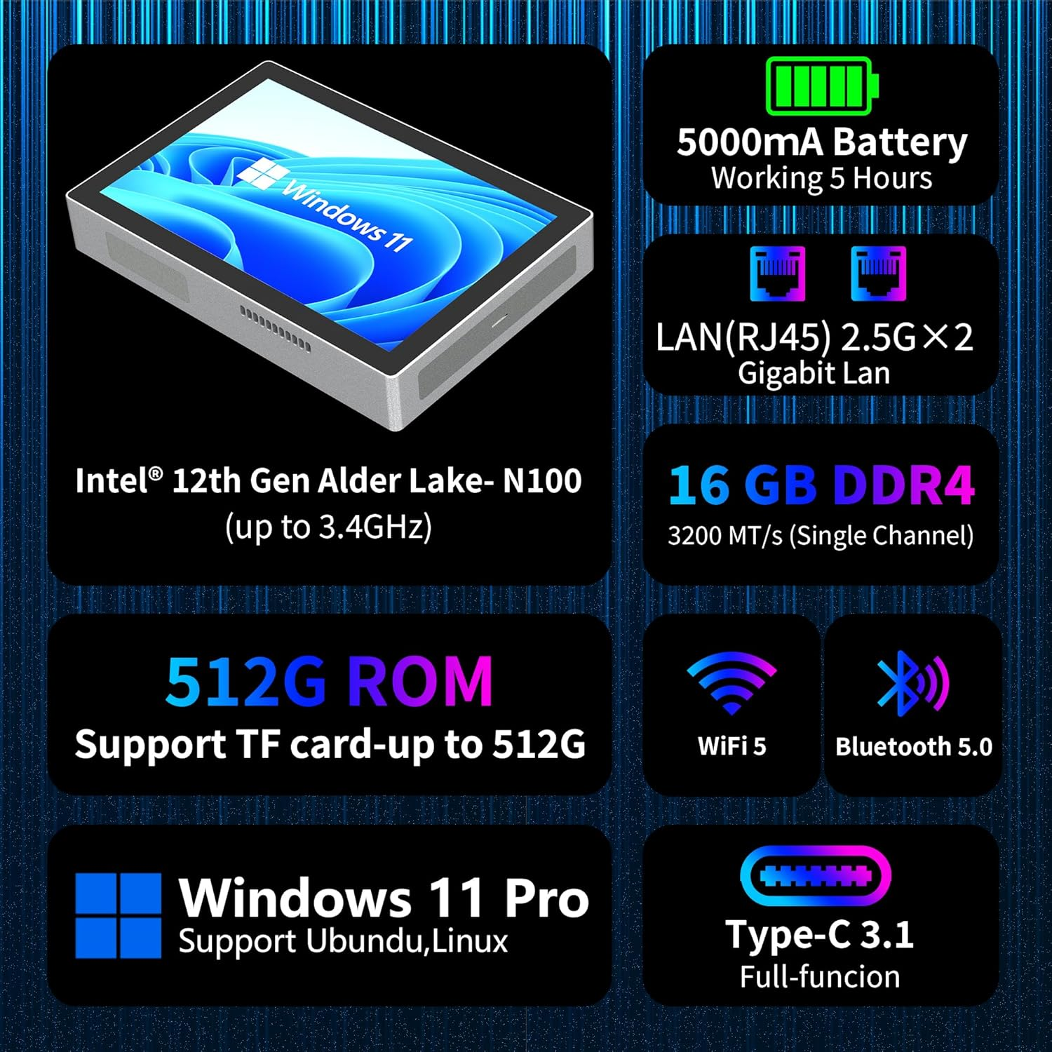 HEIGAOLAPC Mini PC 12Th Gen N100 Win 11 Pro 7" Screen 16GB RAM 512GB ROM Mini PC with Screen USB-C Mini Computer Wifi 5 BT 5.0 4K Display HDMI Dual 2.5Gbe Desktop Computer (16+512 with Screen) image number 2