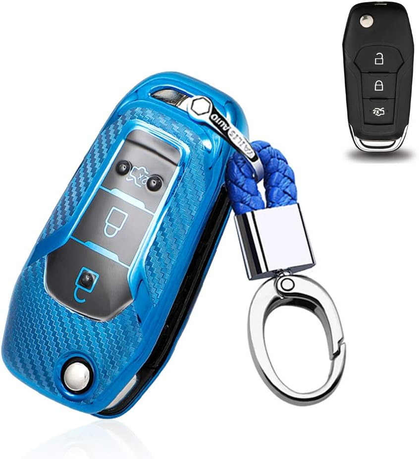 Ontto Silicone Car Key Fob Cover Keyring for Ford F150 F250 Focus 3 Escort Kuga Mondeo Fiesta Mustang Fecosport Edge Fusion 2016 Ranger S-Max Accessories Flip Key Case Key Shell Key Holder Blue