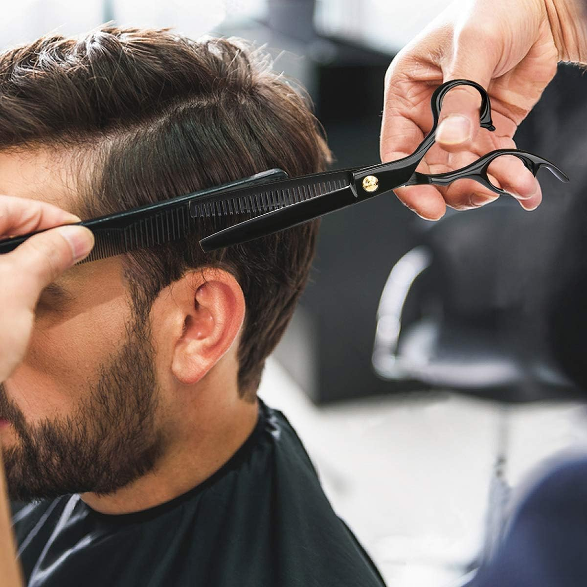 Hair Cutting Scissors Shears Kit, Professional Hairdressing Scissors Set (Hair Beard Trimming Shaping Grooming Thinning Shears) for Men Women Hairdresser Home Salon Barber Haircut Kit (Black) image number 3