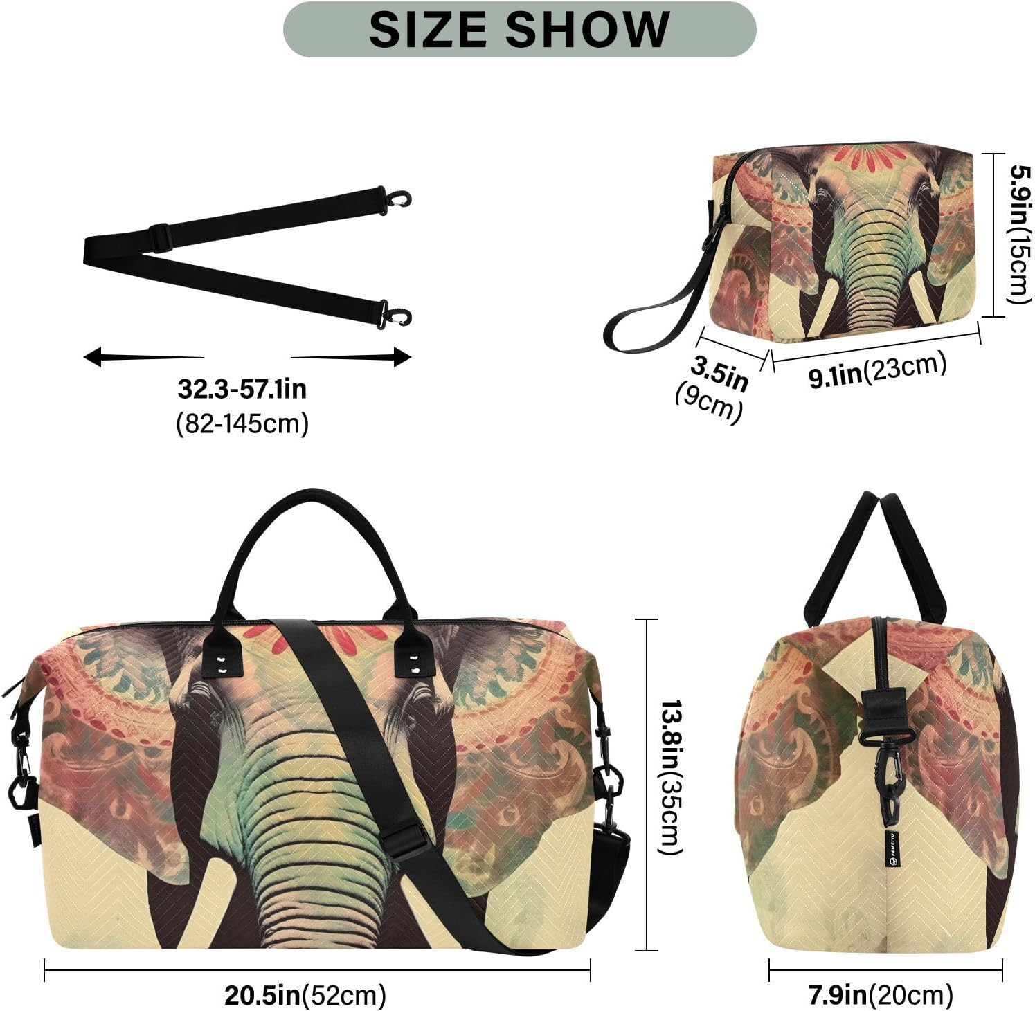 XYMZR Large Travel Duffel Bag, Boho Elephant Colorful Sports Tote Gym Bag, Shoulder Weekender Overnight Bag for Women Men, Carry on Luggage with Toiletry Bags, Multi-Colored, Multi-Colored image number 3