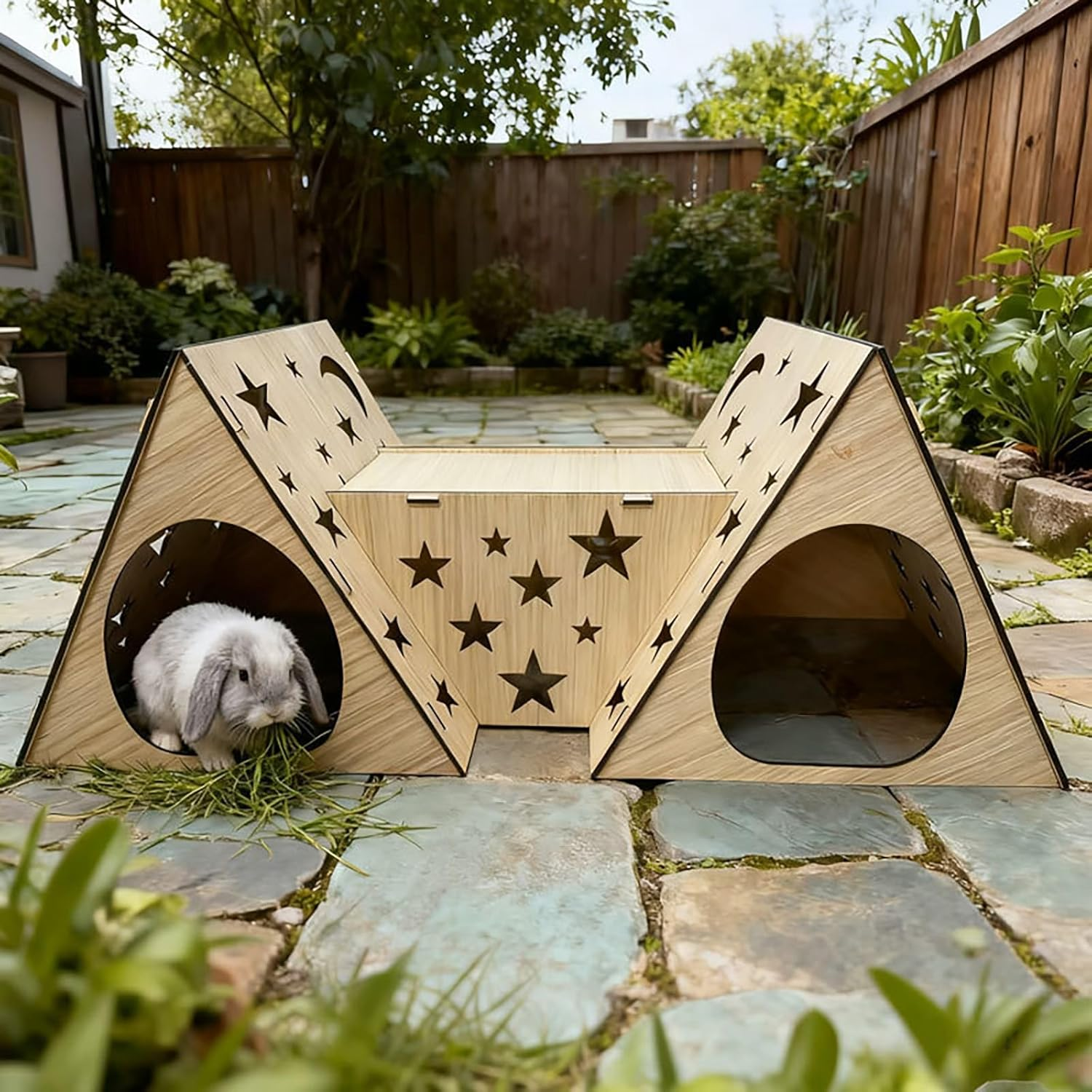 Wooden Rabbit Castle Hideout &ndash; Natural Poplar Pet House with Dual Cabins and Tunnel, Four-Season Shelter for Rabbits, Guinea Pigs and Small Animals image number 1