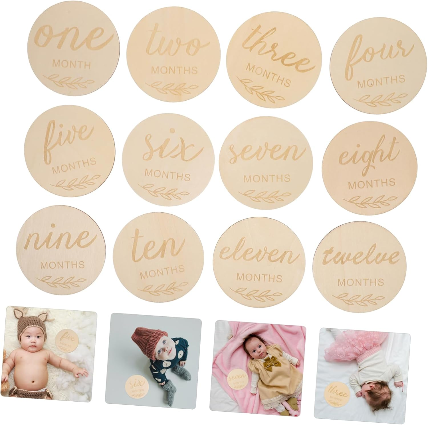 Operitacx 12Pcs Wooden Milestone Discs Monthly Growth Photo Cards Unisex Announcement Decor for Newborns and Parents Keepsake Gift image number 2
