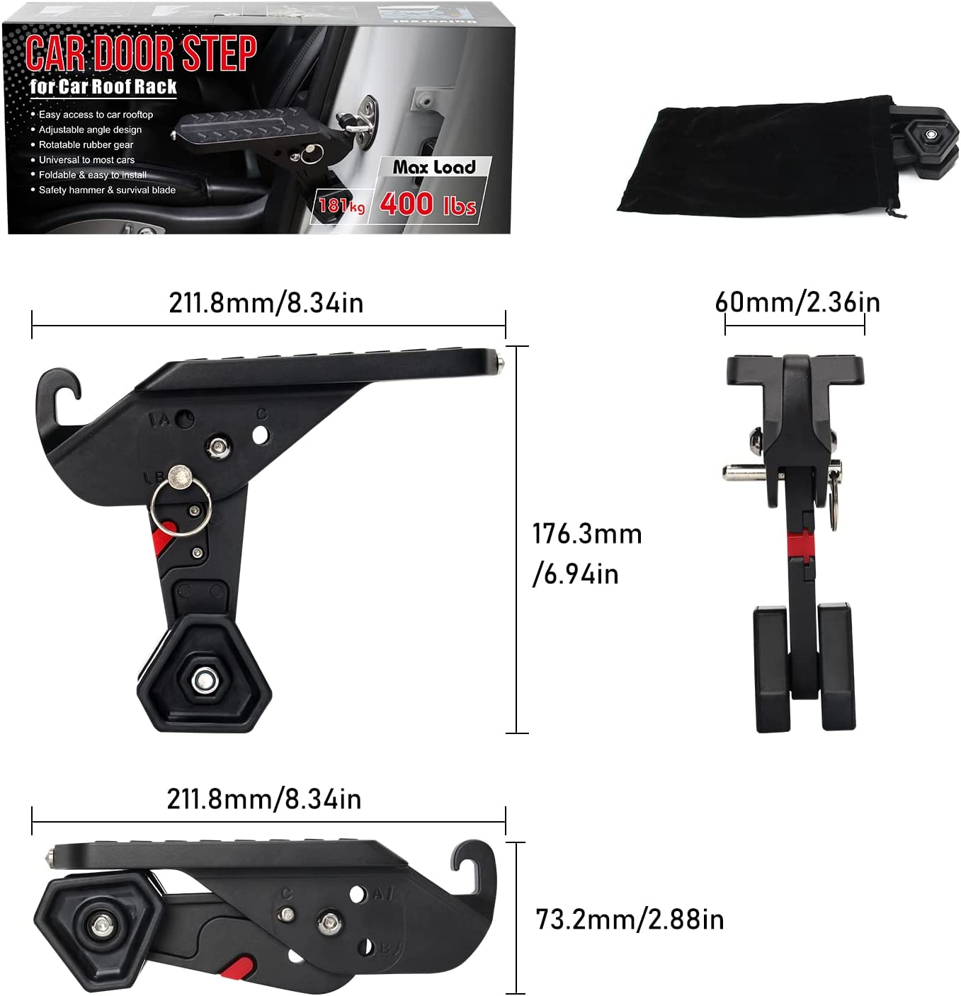 OPP ULITE Car Doorstep Foldable, Multifunction Universal Vehicle Hooked Folding Ladder Foot Pegs Pedal Easy Access to Car Roof Top for Most Car SUV JEEP Trucks Vans Vehicle