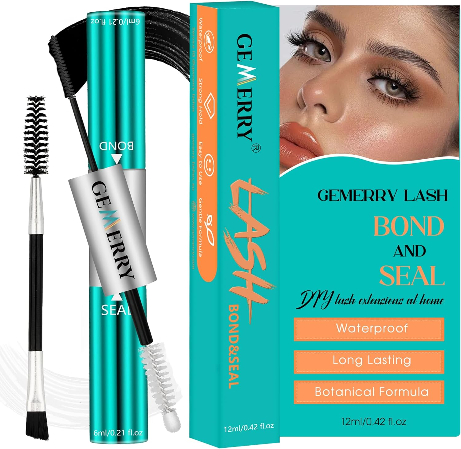 GEMERRY Lash Bond and Seal Waterproof 12ML Falscara Bond and Seal Eyelash Glue 72-96 Hours+Lash Clusters Glue Lash Glue for DIY Lash Extensions at Home Black Bond Clear Seal
