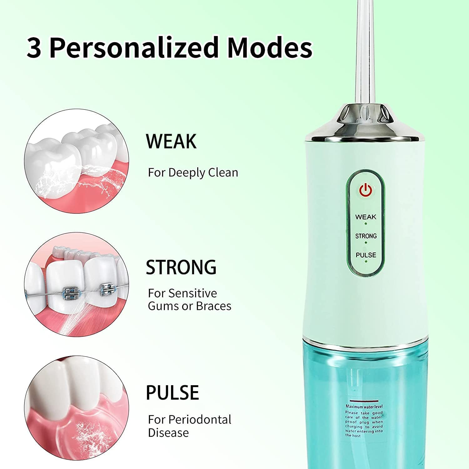 Water Flosser Professional Cordless Electric Tooth Flusher Water Cleaner, 220Ml Water Tank Waterproof and Whole Body Washing 3 Operating Mode Small Portable(Green) image number 4