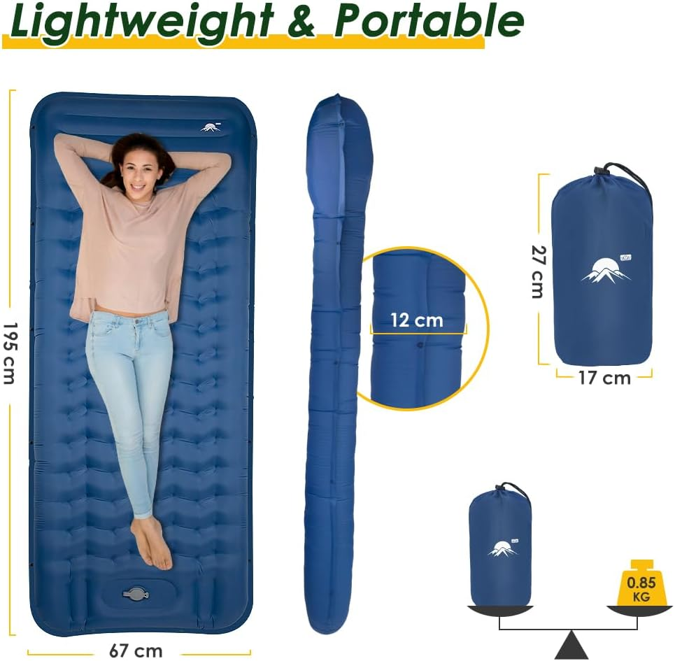 AUTOWT Self-Inflating Camping Mat - 12 CM Thickness Inflatable Sleeping Pad with Built-In Pump Pillow, Portable Lightweight Single Camp Air Mattress, Double Joinable Outdoor Hiking Backpacking (Blue) - Grey image number 7