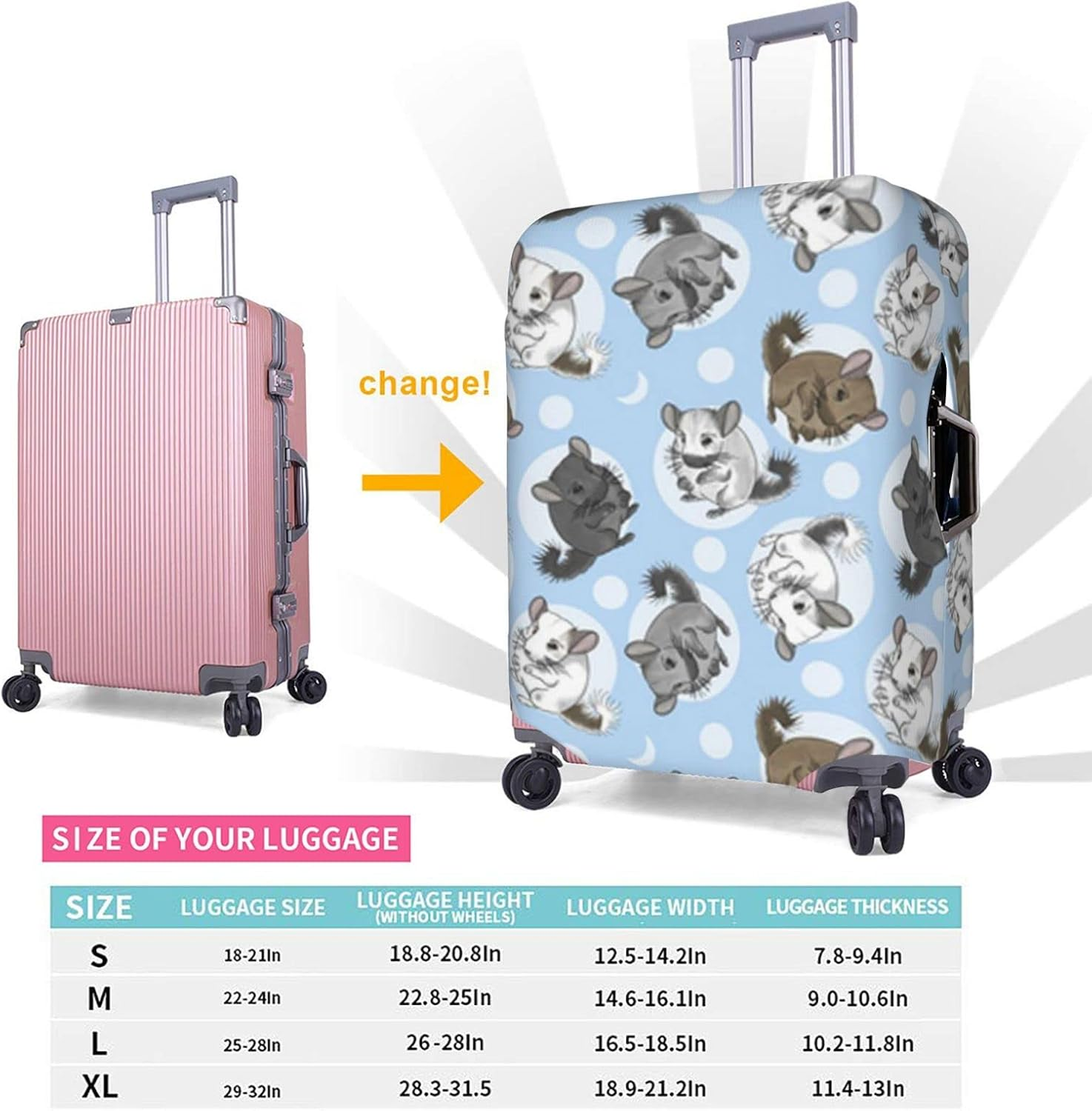 Blue Chinchillas and Moon Luggage Cover Anti-Scratch Suitcase Protector Fits 18-32 Inch Luggage