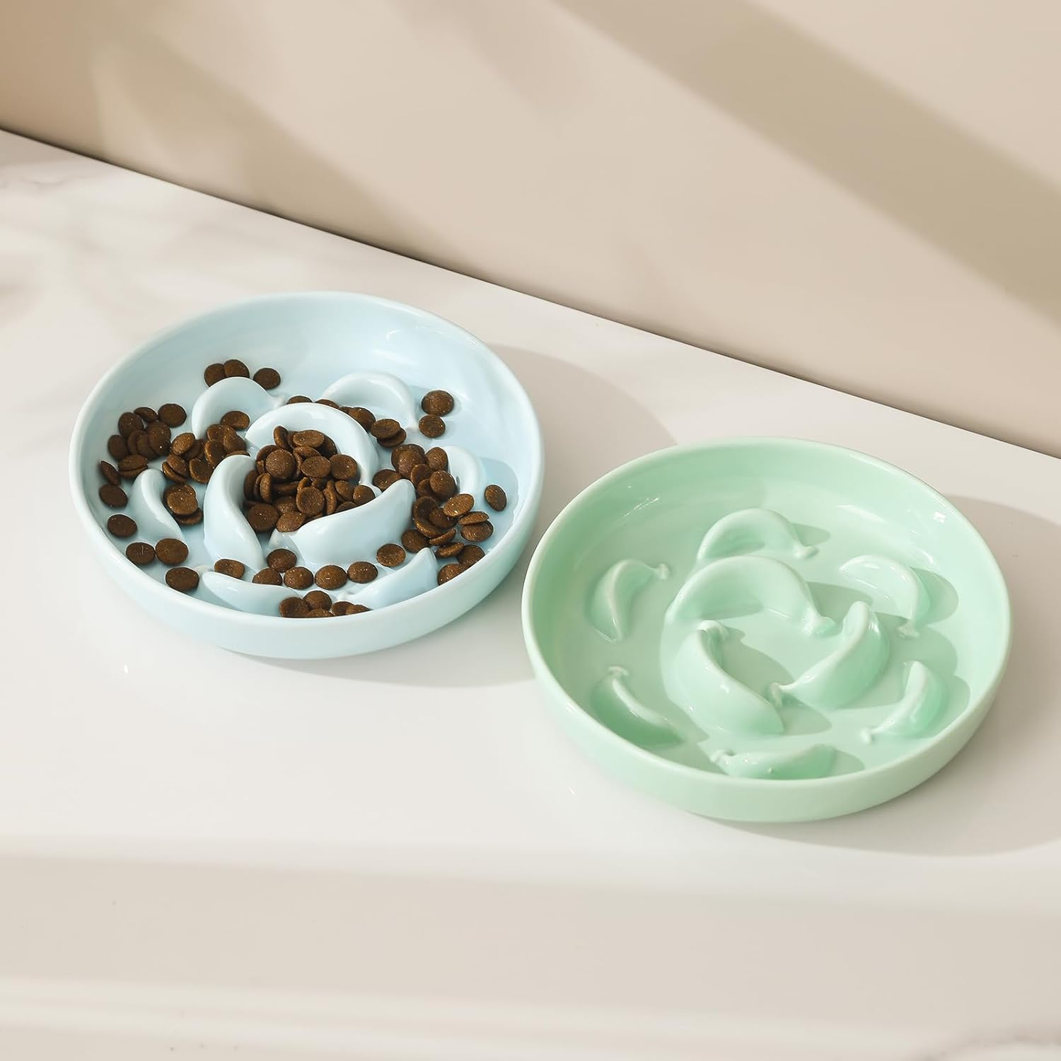 Ceramic Pastel Series Slow Feeder Bowl - Cute Maze Cat Food Plate for Healthy Eating - Fun Puzzle Feeder Dish - Dishwasher Safe - 6.3''W X 1.2''H - 7 OZ - Pale Blue - Bamboo Stand - Bright Yellow image number 6