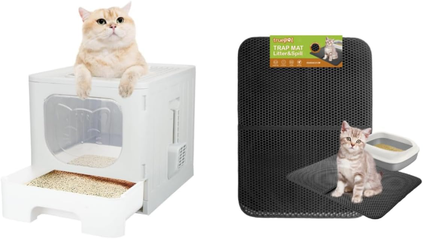 Truepal Foldable Cat Litter Box & Double-Layer Cat Litter Mat 65 X 45 Cm Pet Toilet (Black)