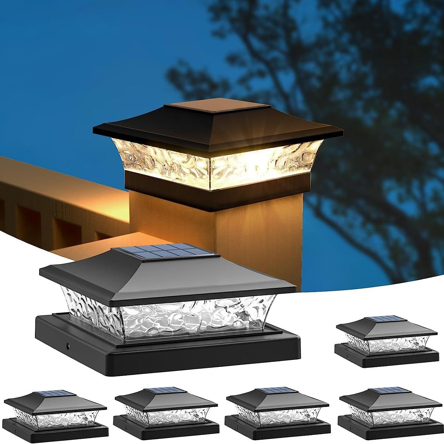 Solar Post Cap Lights 6 Pack, Waterproof Outdoor LED Deck Lights for 4X4, 5X5, 6X6 Wood Fence & Vinyl Posts, 2 Color Modes (Warm/Cool), All-Night Lighting, Auto On/Off image number 6