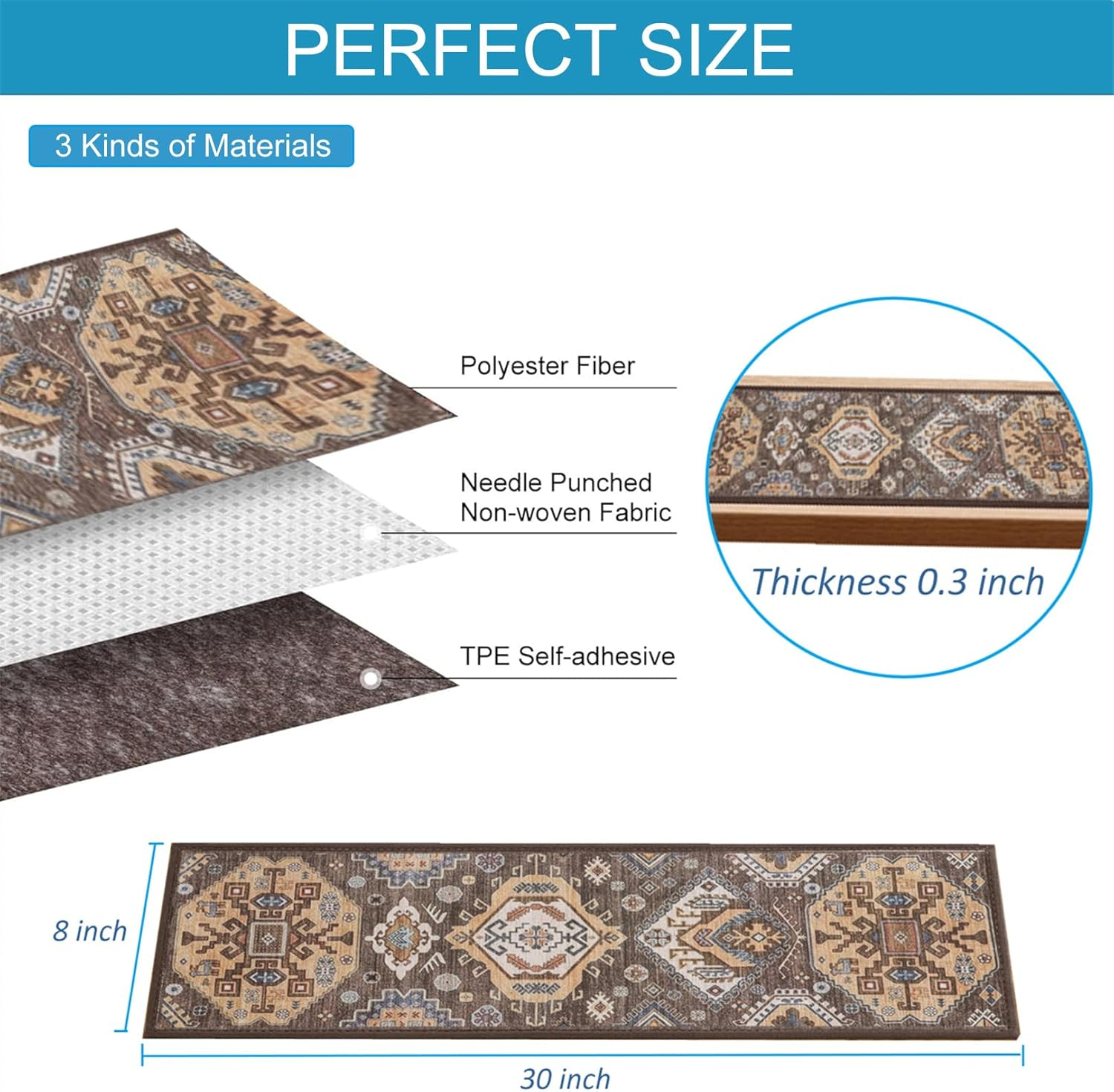 Non-Slip Carpet Stair Treads for Wooden Steps Indoor Set of 15 Pack 8" X 30" Peel and Stick Reusable Staircase Stair Runners Rugs, Soft Safety for Dogs, Kids & Elders, Stairway Grip, Brown image number 2