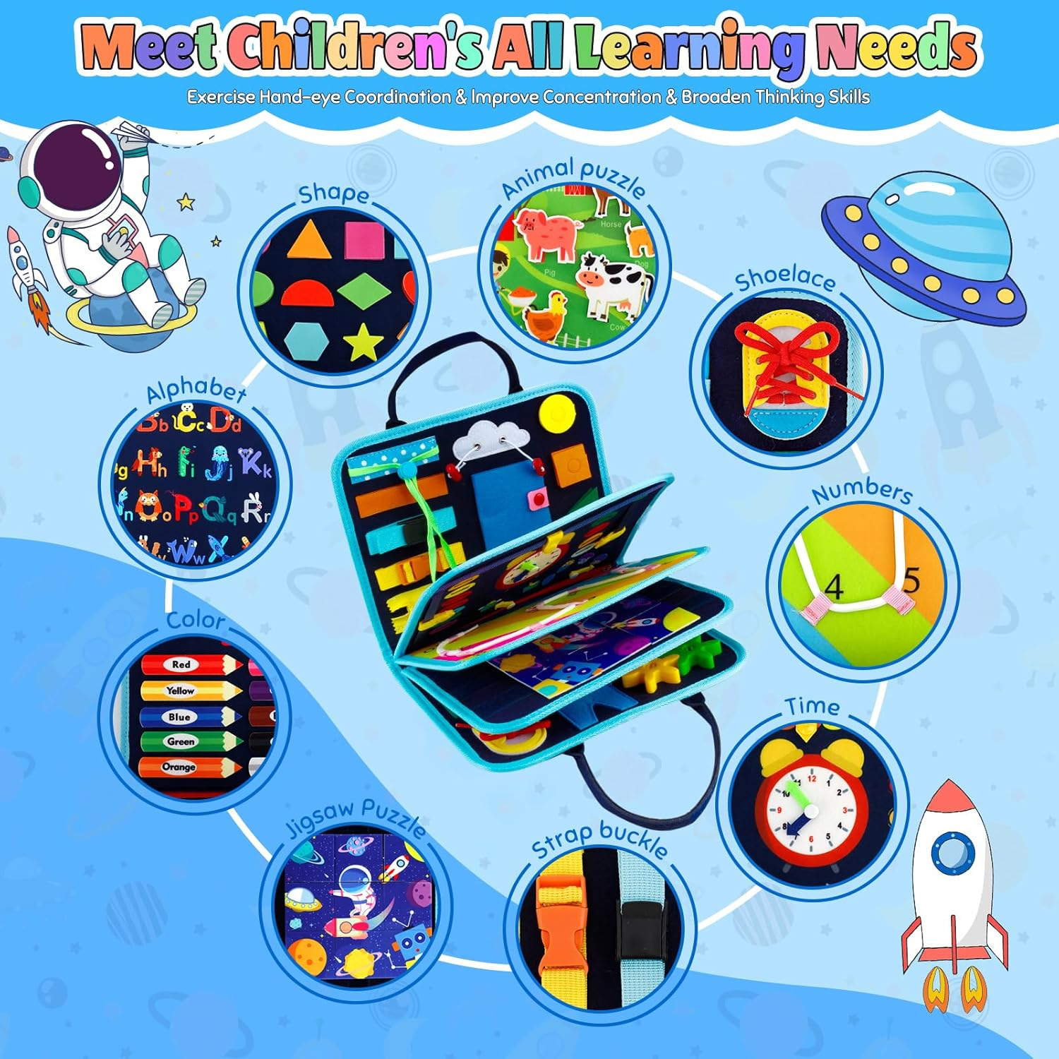 Busy Book Quiet Book Educational Activities Busy Board for Preschool Montessori Toys for Toddlers Felt Sensory Toys Toddler Travel for Plane Kids Travel Activity Pack Christmas Toy for Boys (Blue) image number 2