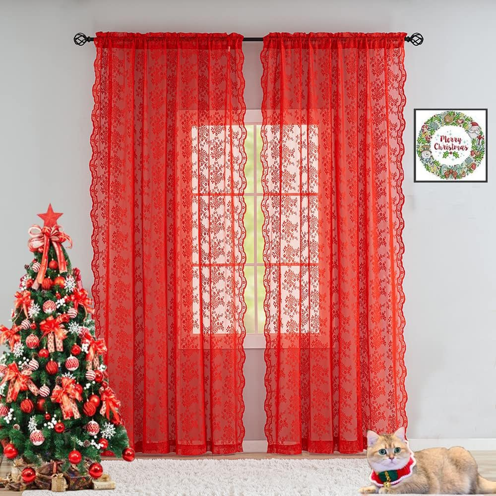 YJ Yanjun Red Sheer Curtains 96 Inches Long for Living Room 2 Panels Set, Beautiful Flower Christmas Lace Curtains Xmas Valentine'S Decor Window, 52 X 96 Inches,Red image number 3