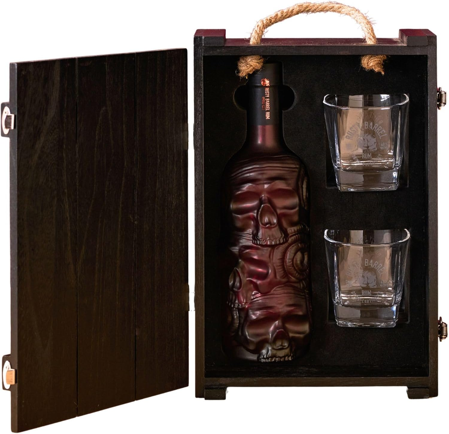 Rusty Barrel Spiced Rum Gift Pack - Stylish Wooden Gift Box with Two Rusty Barrel Rum Glasses. for the Rum Lover. Aged 5 Years - Premium Caribbean Rum Infused with Coffee, Vanilla, Cocoa, Orange Peel, Cinnamon & Other Spices. image number 2