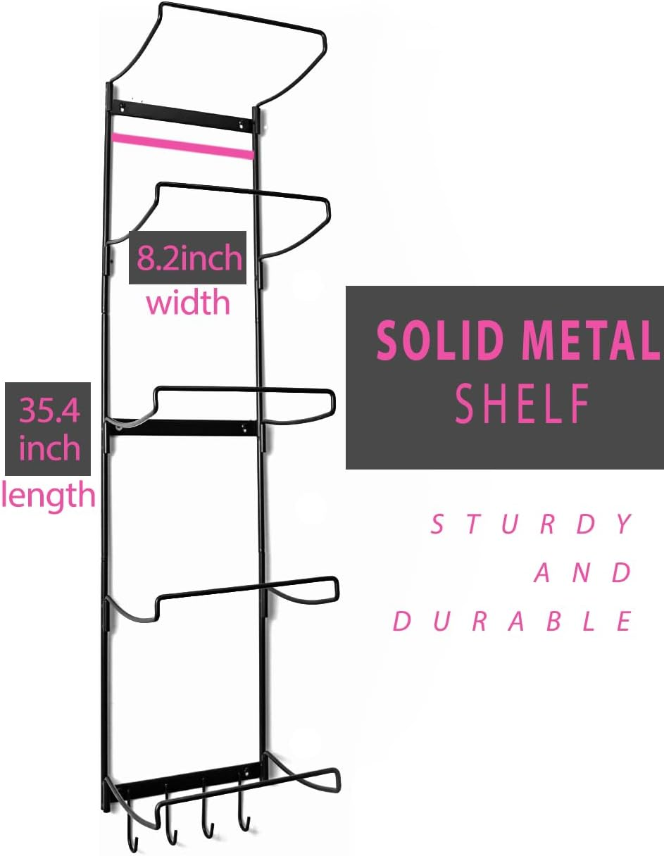 5-Tiers Yoga Mat Holder Wall Mount, Metal Storage Rack for Mat/Wheels, Foam Roller and Block, with 3-Hooks for Hanging Stretching Strap, Resistance Bands, Accessories image number 4