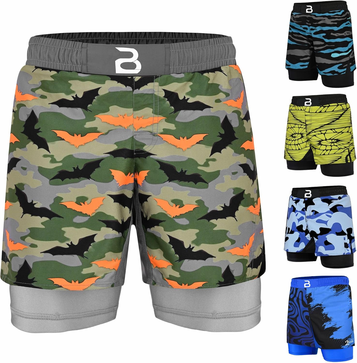2BOLD MMA Kid&rsquo;S 2 in 1 Board Shorts BJJ Built in Compression Lining Athletic Gym Boxing Jiu-Jitsu No-Gi Grappling Shorts