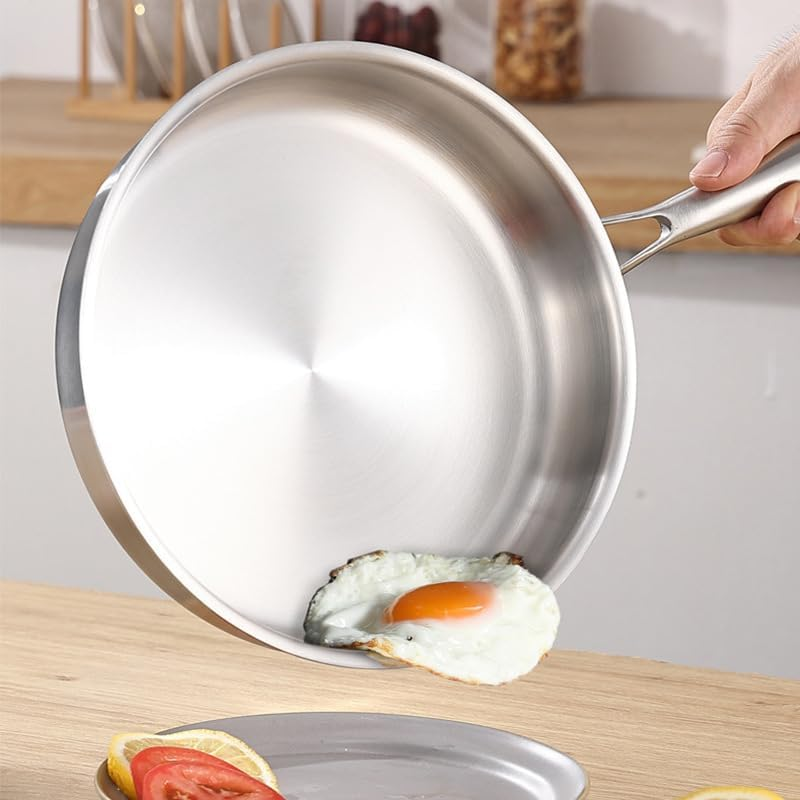 11 Inch (28 Cm) Flat Bottomed Frying Pan, Made of 304 Stainless Steel, Flat Bottomed Pan with Lid,Uncoated（Ptfe & Pfoa-Free）,Compatible with Gas, Electromagnetic, and Electric Stoves image number 2