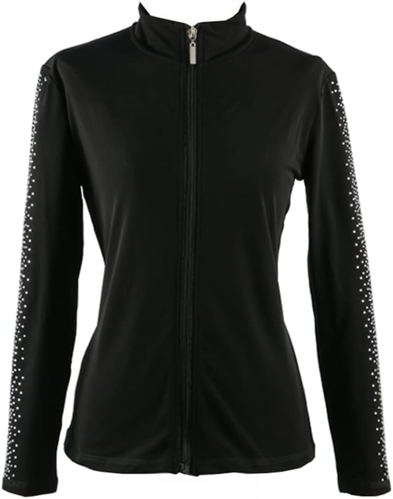 LIUHUO Figure Skating Training Suit Jacket Girls Rhinestone Vertical Stripes Black