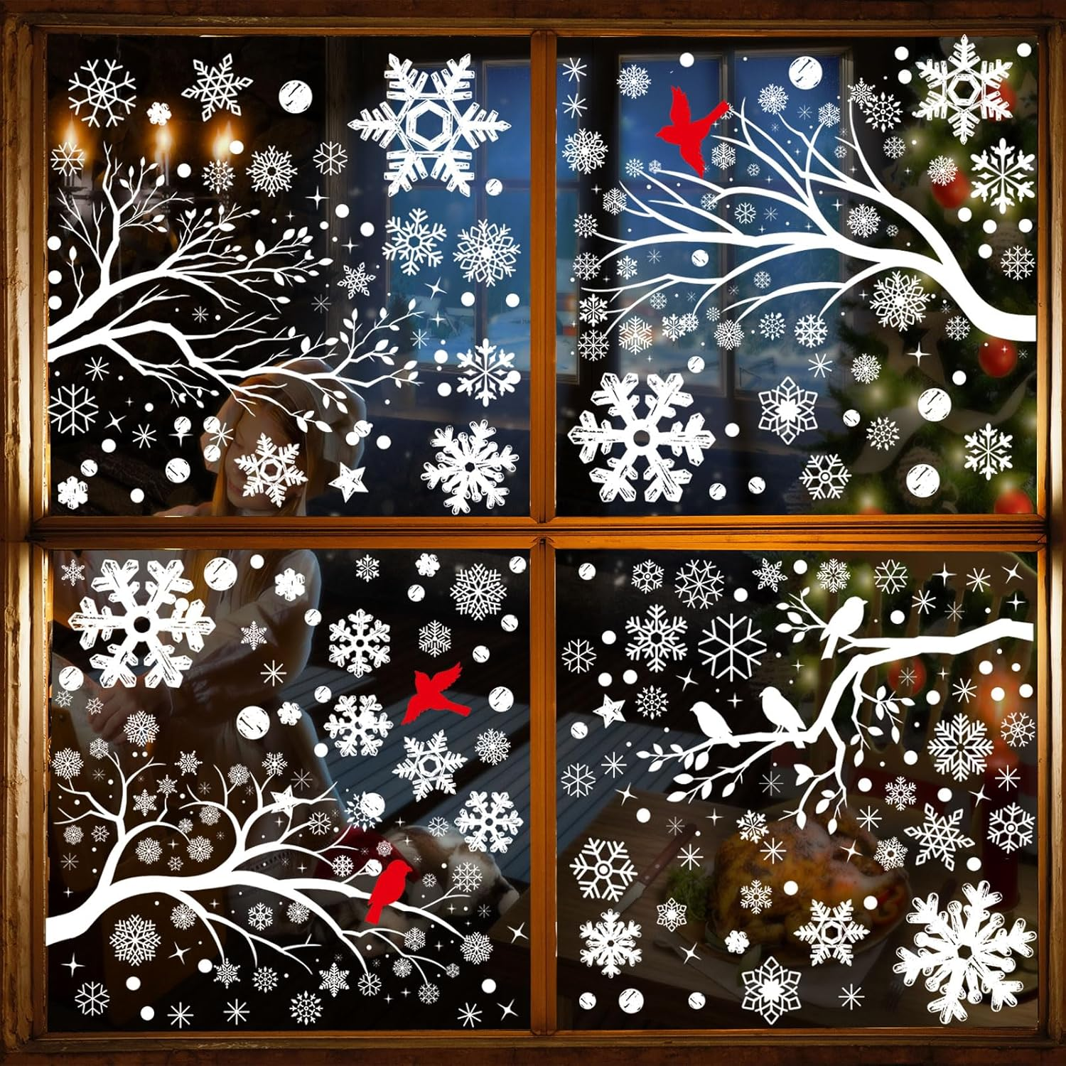 249 PCS Snowflake Window Clings, Geeric Winter Decorations 6 Sheets Christmas Window Cling Stickers Snowflake Branches, Snow, Birds Stickers Removable for Xmas Home Shop Window image number 3