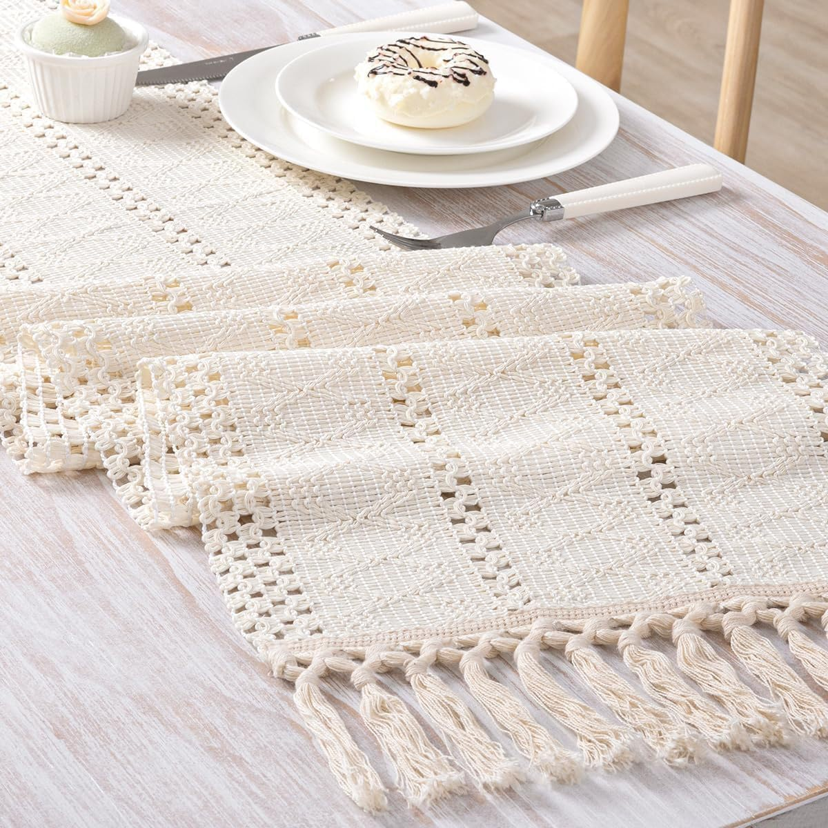 Heatunk Boho Macrame Style Table Runner - Ivory Woven Farmhouse Home Decor-Ivory(12*47 Inch) image number 5