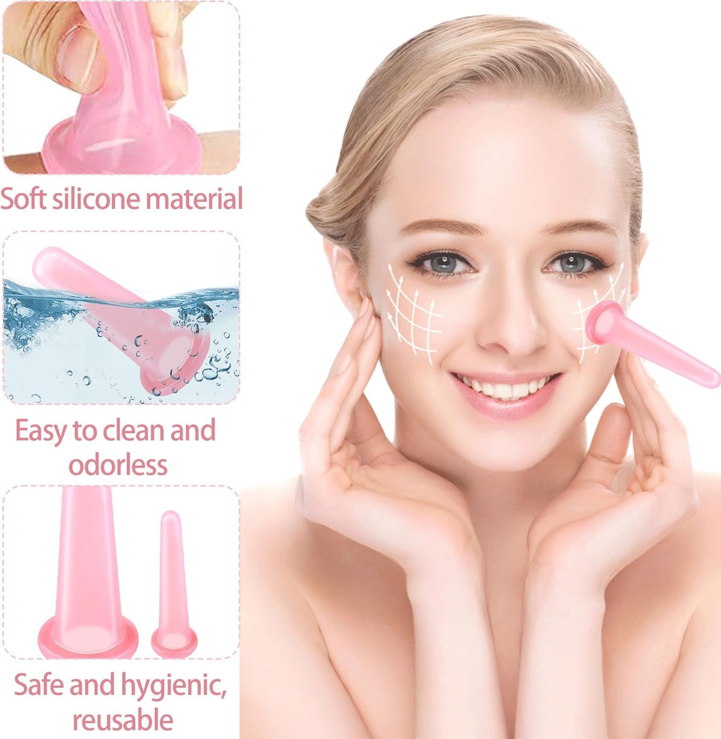 4-Piece Silicone Facial Cupping Set &ndash; Anti-Aging & Anti-Cellulite Vacuum Massage Cups for Face, Eyes, Neck, Back & Body Care &ndash; Rejuvenating Skin Beauty Tool(2 Small + 2 Large, Pink) image number 2