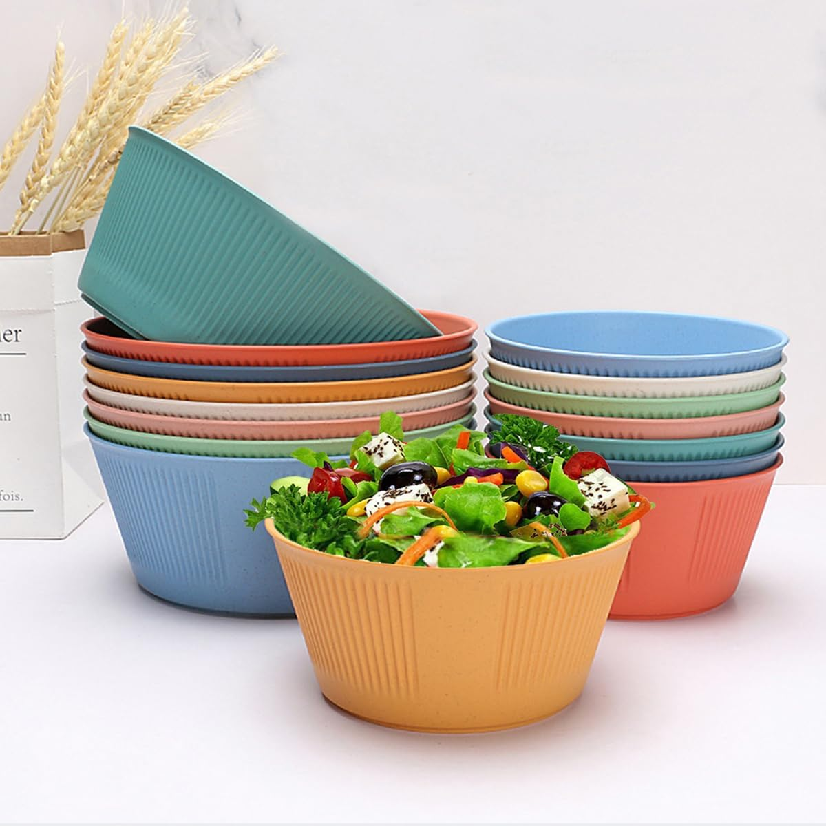 8 Pcs Wheat Straw Salad Bowls Set, Lightweight & Colorful Large (56 Oz) Unbreakable Cereal Bowls, Microwave and Dishwasher Safe Big Bowls for Eating, Serving Oatmeal, Soup and Salad image number 3