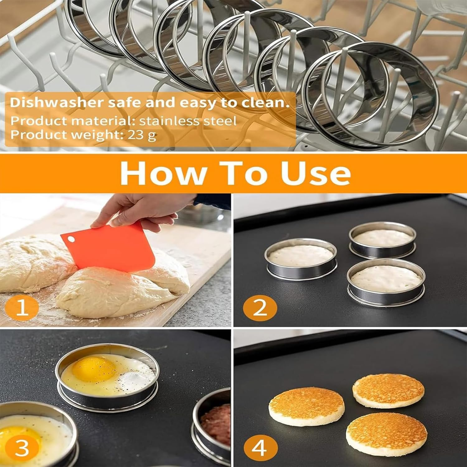 Crumpet Rings, 6Pcs Stainless Steel 4 Inch English Muffin Ring, Double Rolled Tart Rings for Baking Fluffy Muffins, Eggs, Pancakes, Home Baking Eggs Pancakes Pastry image number 1