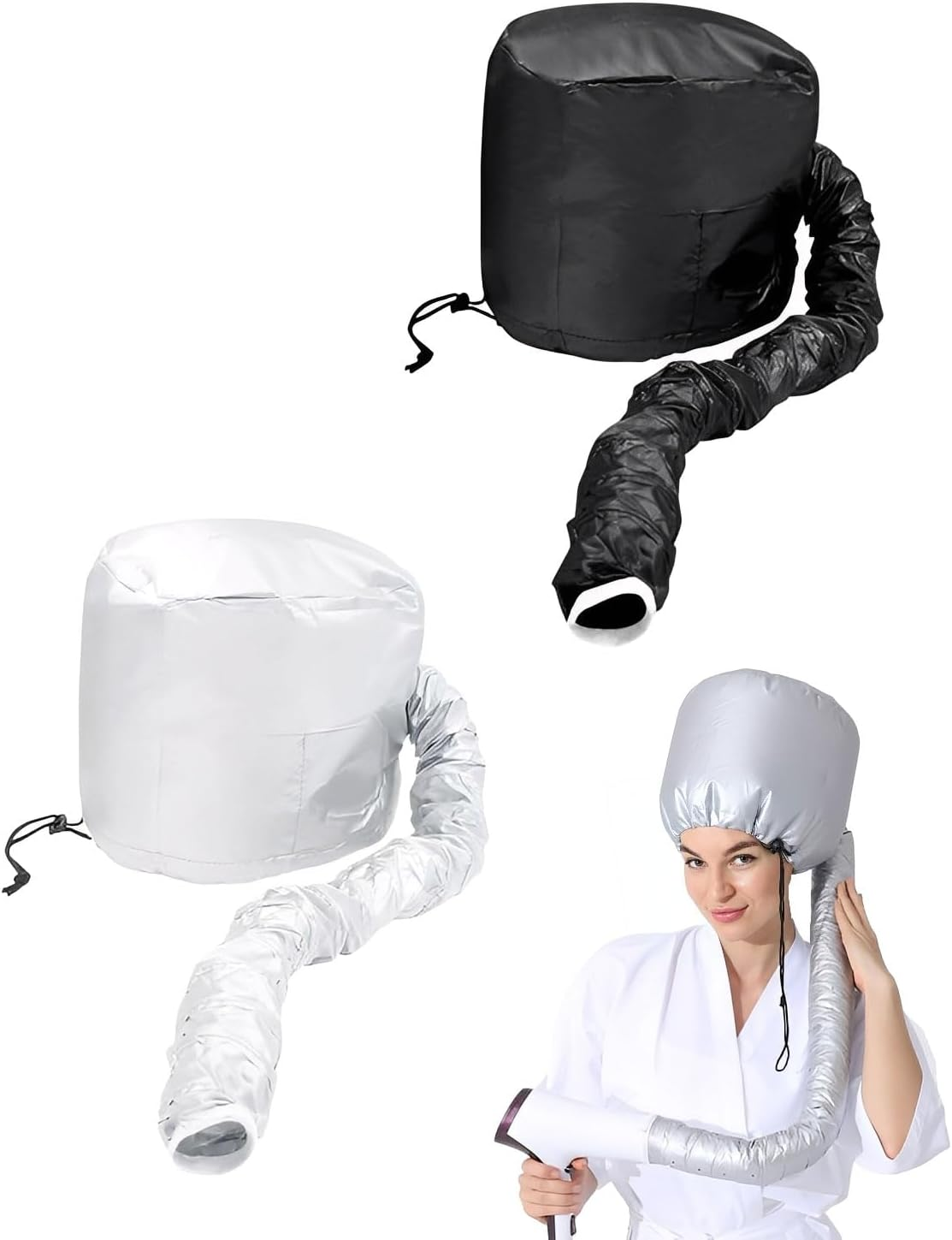 FUGLUS 2 Pieces Hair Dryer Cap, Adjustable Hair Dryer Attachment Hood Hair Treatment Depth Conditioning Cap Side Strap Hood with Elastic Band (Black + Silver) image number 2